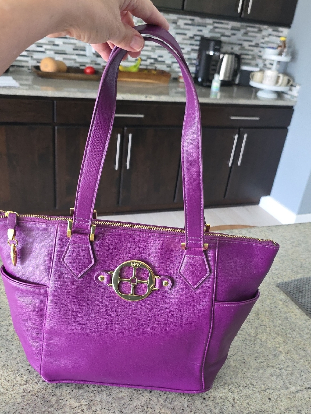 IMAN Purple Faux Leather Tote Bag with Gold Hardware